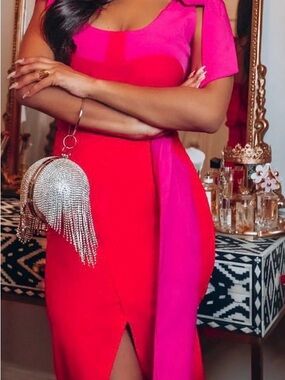 OlarsGrace Hot Pink & Red Colorblock Sheath top and skirt set